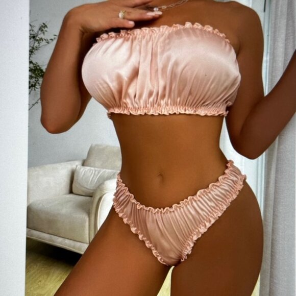 Brand New Frill Trim Satin Lingerie Set Baby Pink Various - Picture 2 of 4